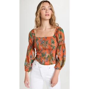 L'AGENCE Cece Smocked Top In Orange Multi Parrot